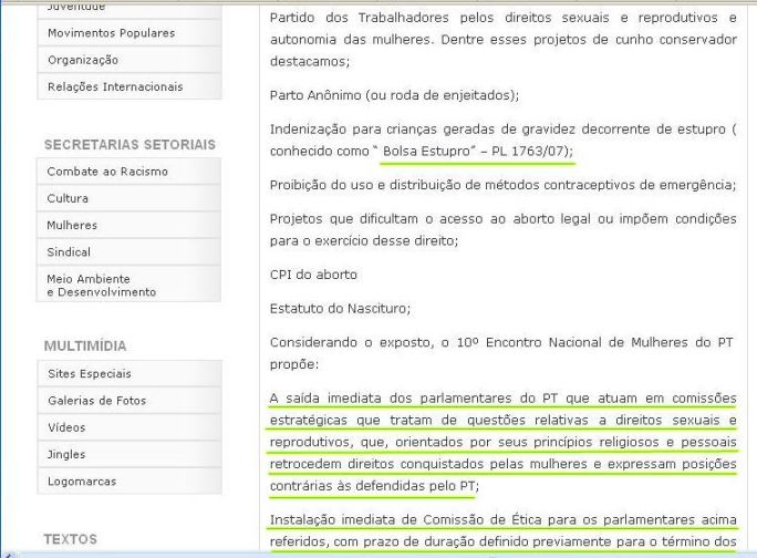 Página sumida do site do PT - 2 - Aborto e punição dos parlamentares do PT