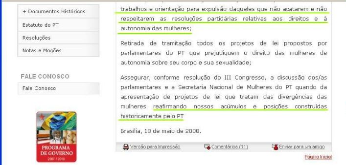 Página sumida do site do PT - 3 - Aborto e punição dos parlamentares do PT